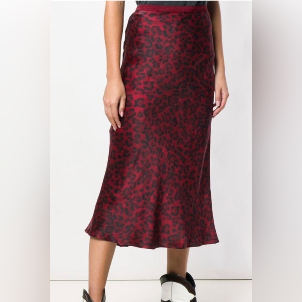 ANINE BING red leopard print midi skirt silk